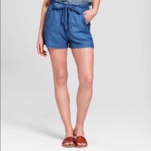 High-waist denim paper bag shorts